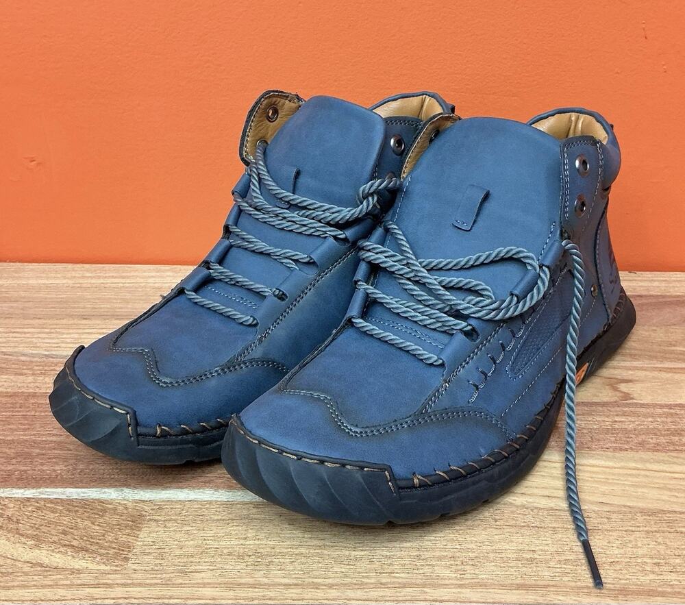 Salkin Men's Blue Leather Lace-Up Ankle Boots Round Toe Size 12 EU 46